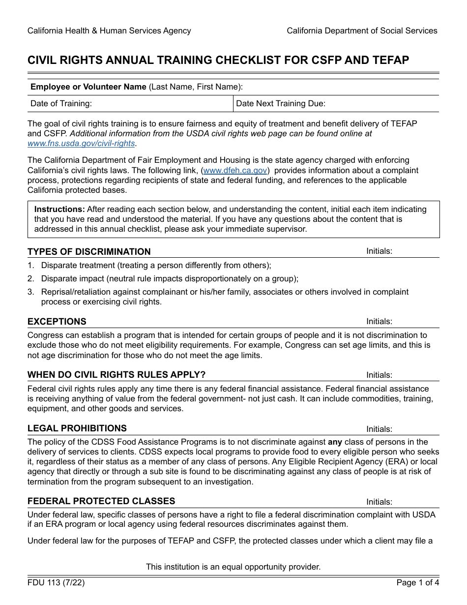 Form FDU113 Civil Rights Annual Training Checklist for Csfp and Tefap - California, Page 1