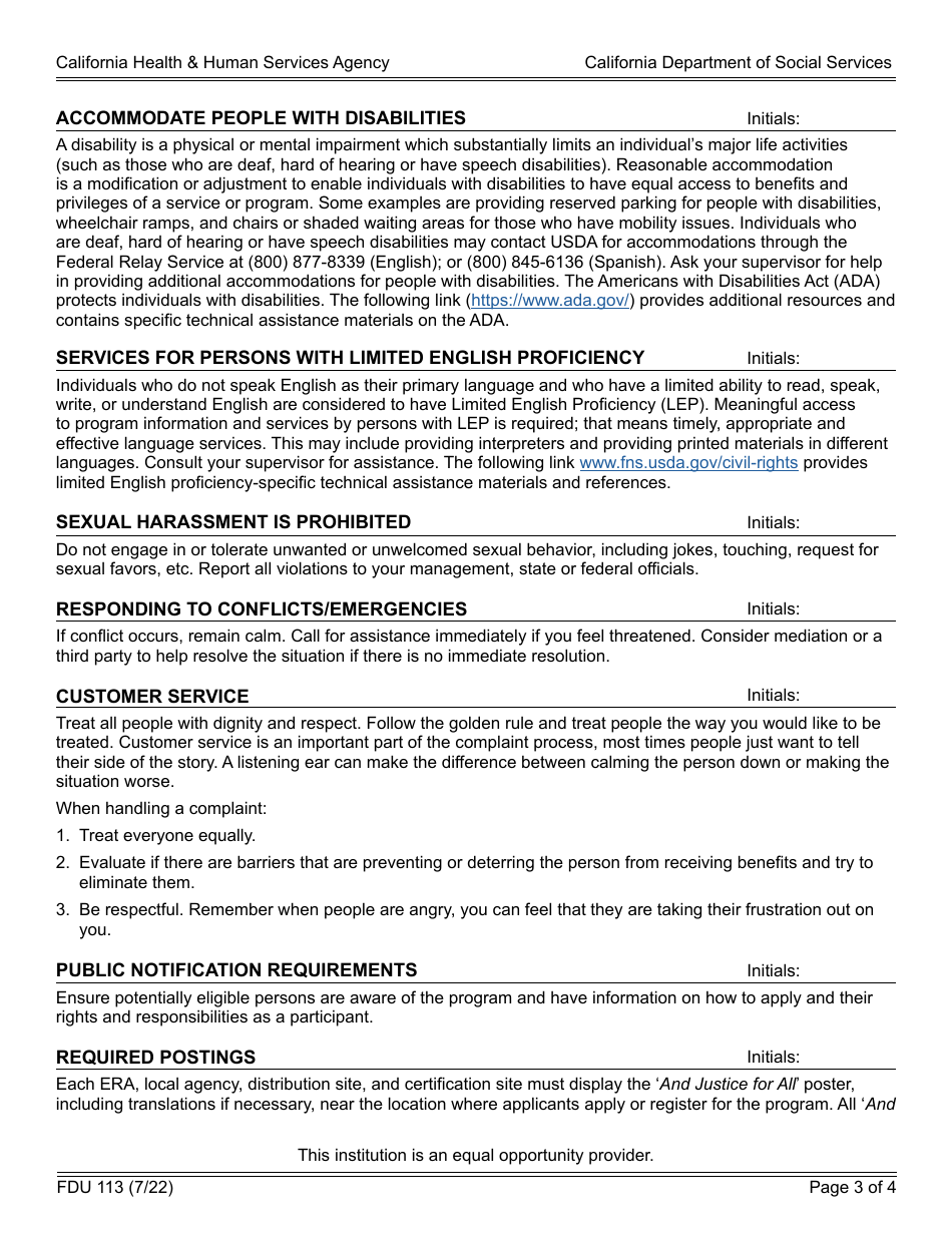 Form FDU113 Civil Rights Annual Training Checklist for Csfp and Tefap - California, Page 3