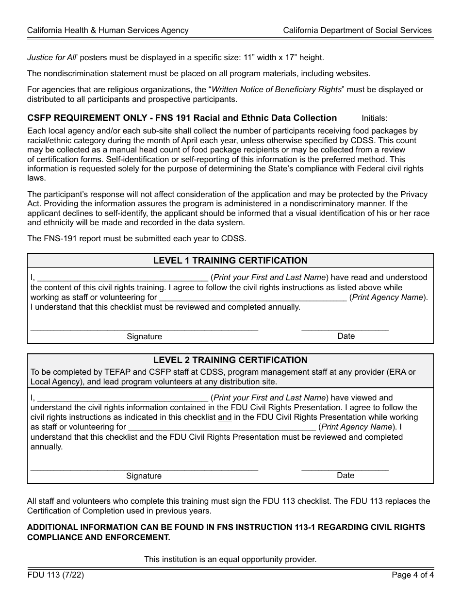 Form FDU113 Civil Rights Annual Training Checklist for Csfp and Tefap - California, Page 4