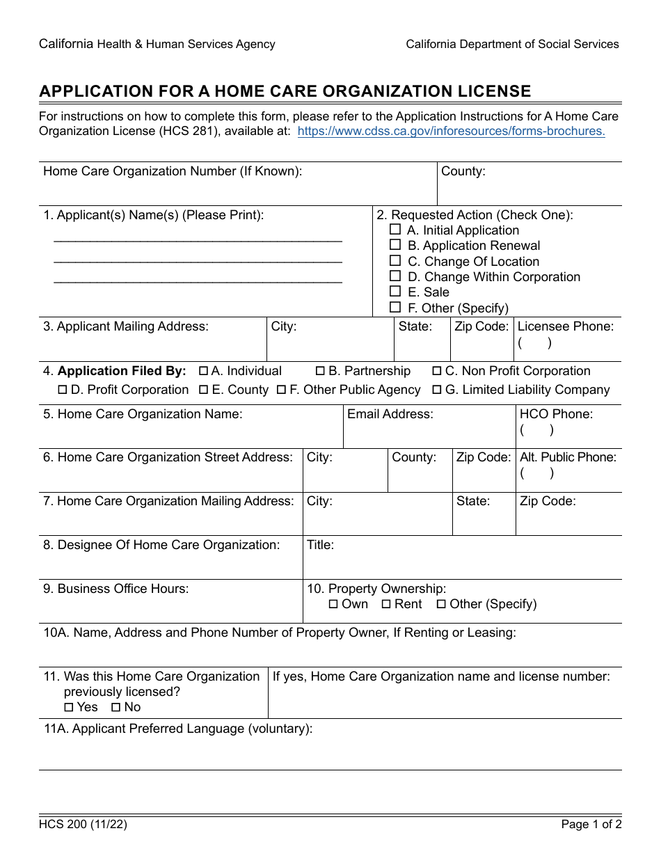 Form HCS200 Application for a Home Care Organization License - California, Page 1