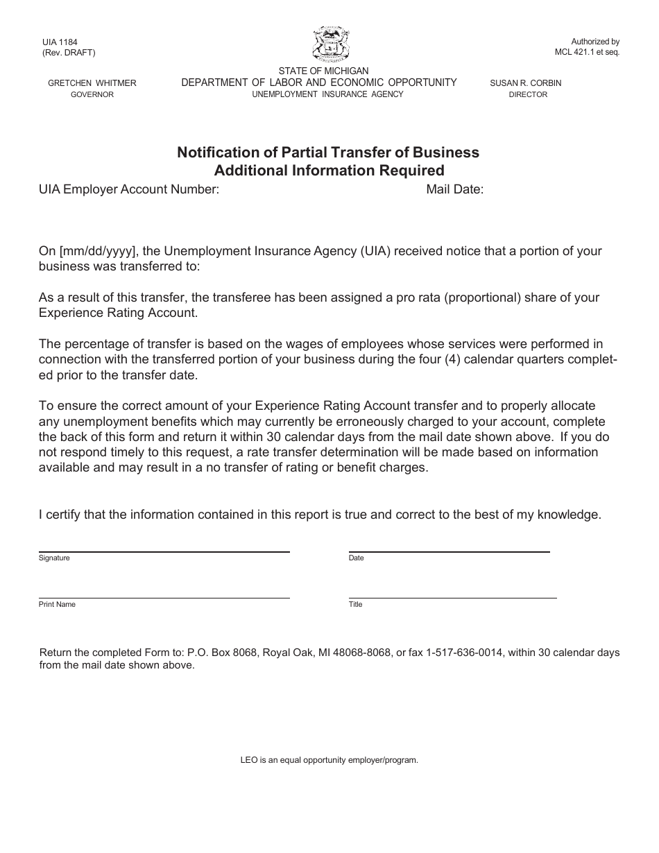 Form UIA1184 Notification of Partial Transfer of Business Additional Information Required - Michigan, Page 1