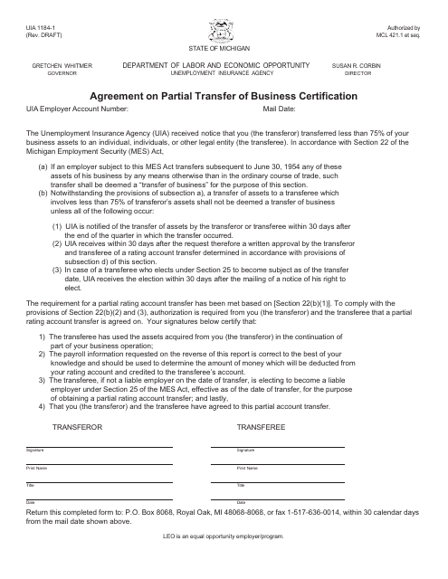 Form UIA1184-1 Agreement on Partial Transfer of Business Certification - Michigan