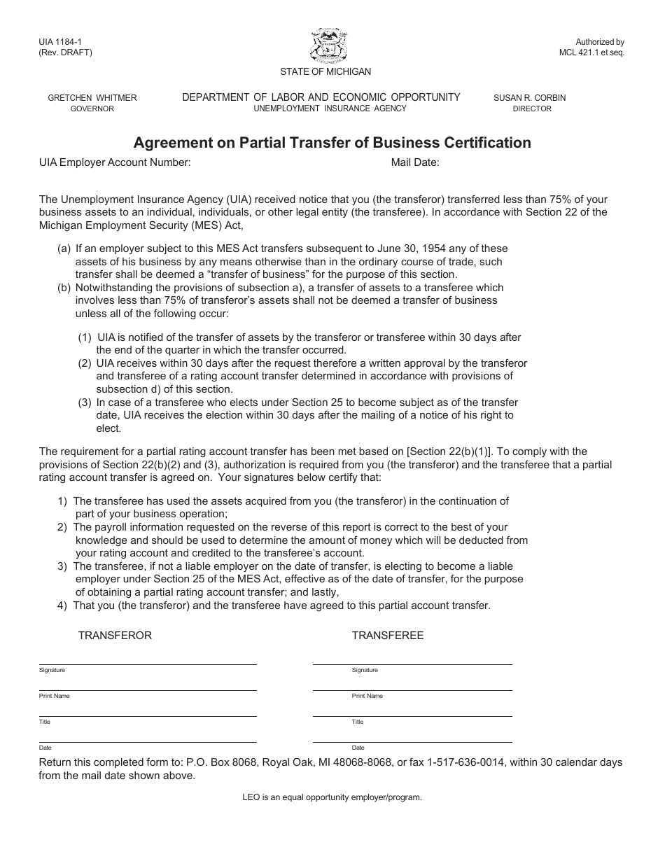 Form UIA1184-1 Agreement on Partial Transfer of Business Certification - Michigan, Page 1