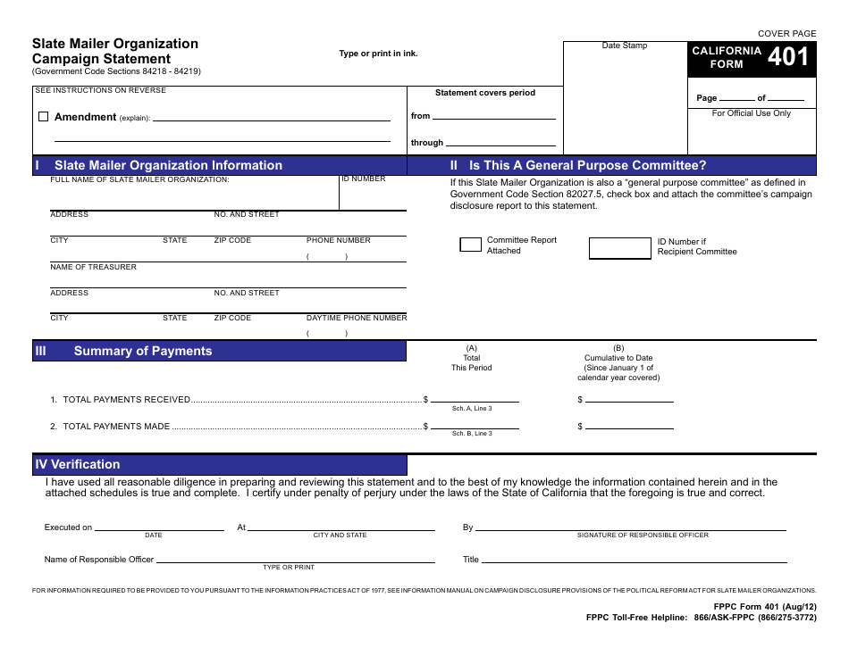 FPPC Form 401 Slate Mailer Organization - Campaign Statement - California, Page 3