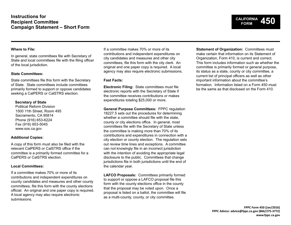 FPPC Form 450 Recipient Committee Campaign Statement - Short Form - California, Page 2