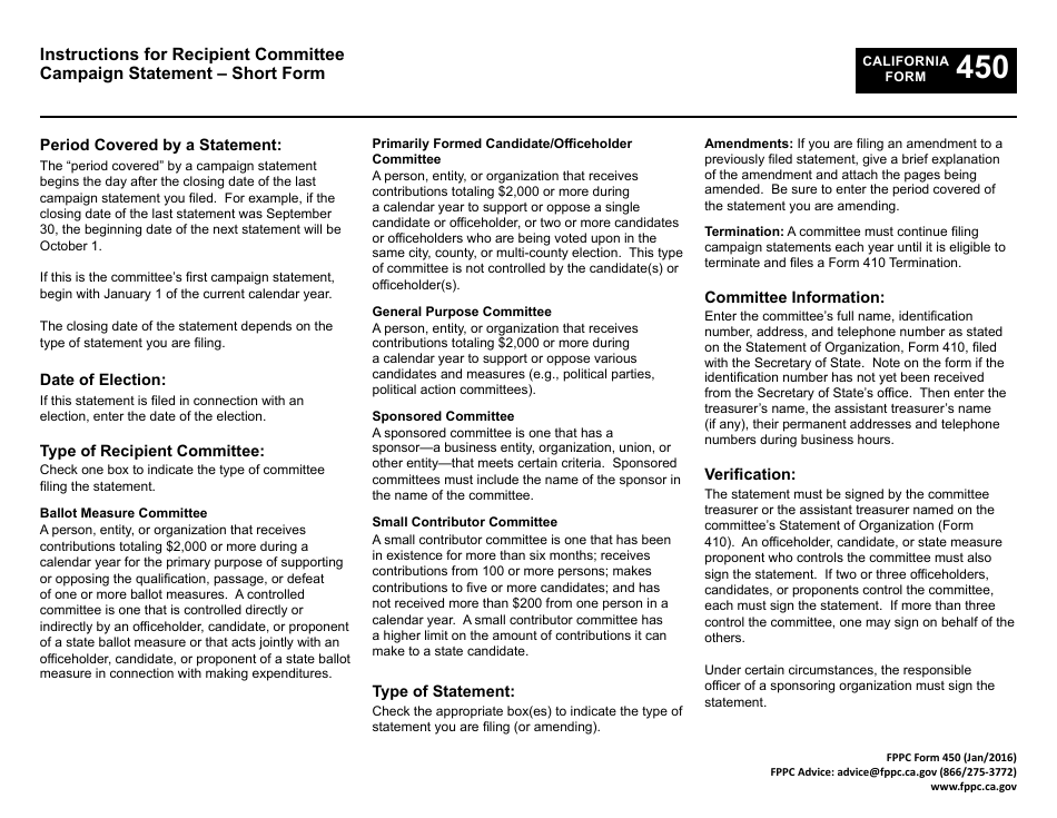 FPPC Form 450 Recipient Committee Campaign Statement - Short Form - California, Page 4
