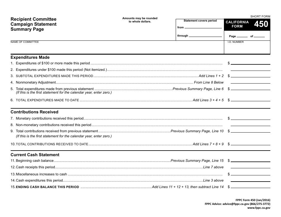 FPPC Form 450 Recipient Committee Campaign Statement - Short Form - California, Page 5