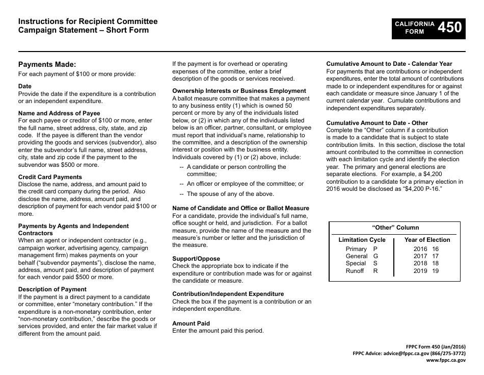 FPPC Form 450 Recipient Committee Campaign Statement - Short Form - California, Page 7