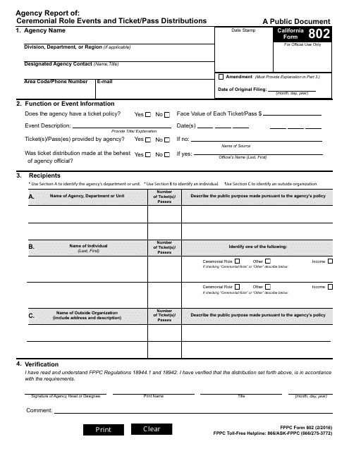 FPPC Form 802 Agency Report of Ceremonial Role Events and Ticket/Pass Distributions - California