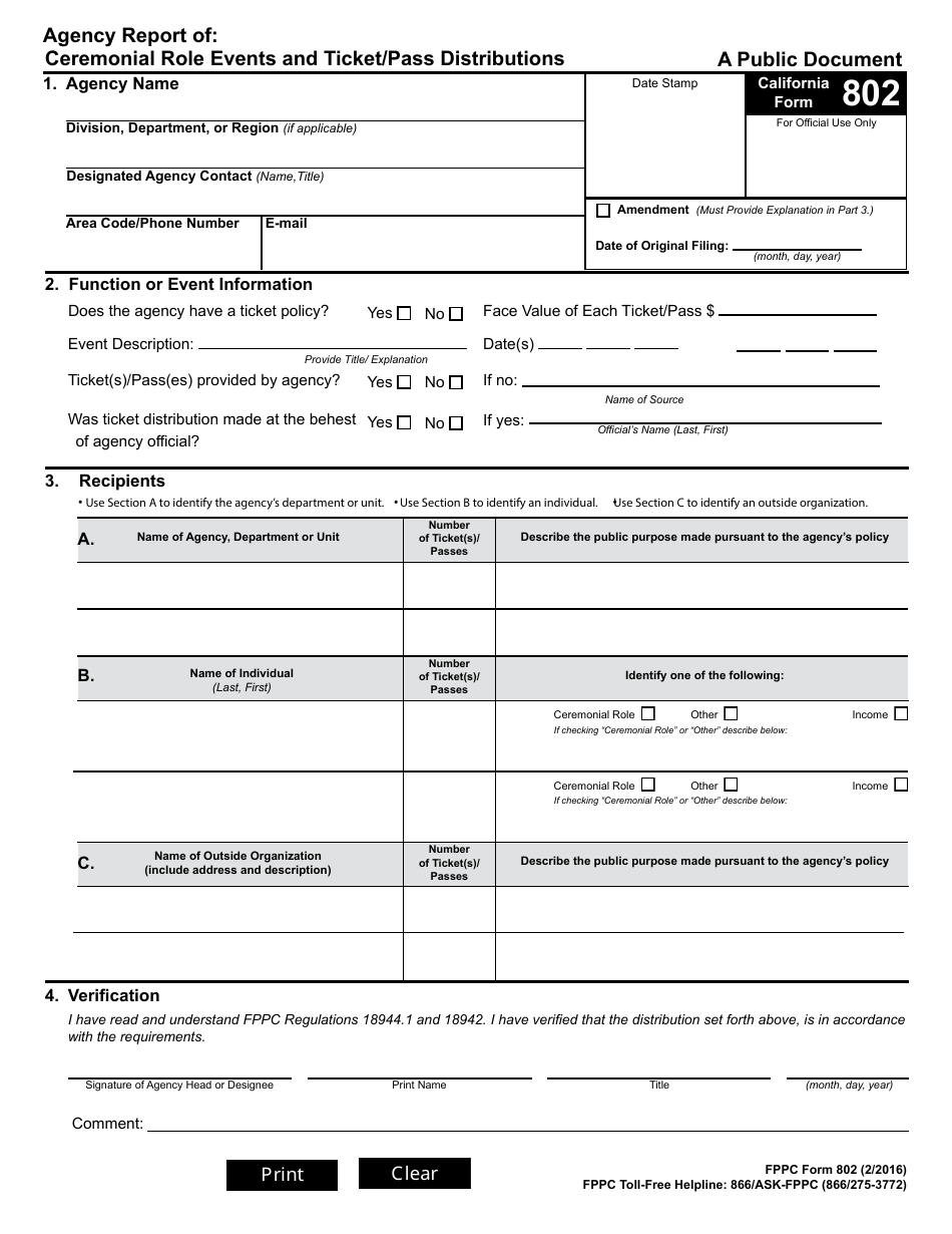 FPPC Form 802 Agency Report of Ceremonial Role Events and Ticket / Pass Distributions - California, Page 1