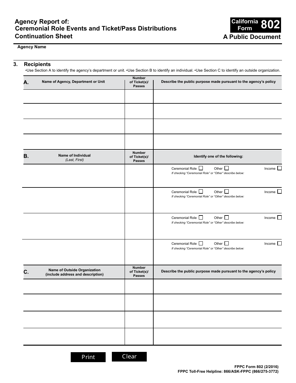 FPPC Form 802 Agency Report of Ceremonial Role Events and Ticket / Pass Distributions - California, Page 3
