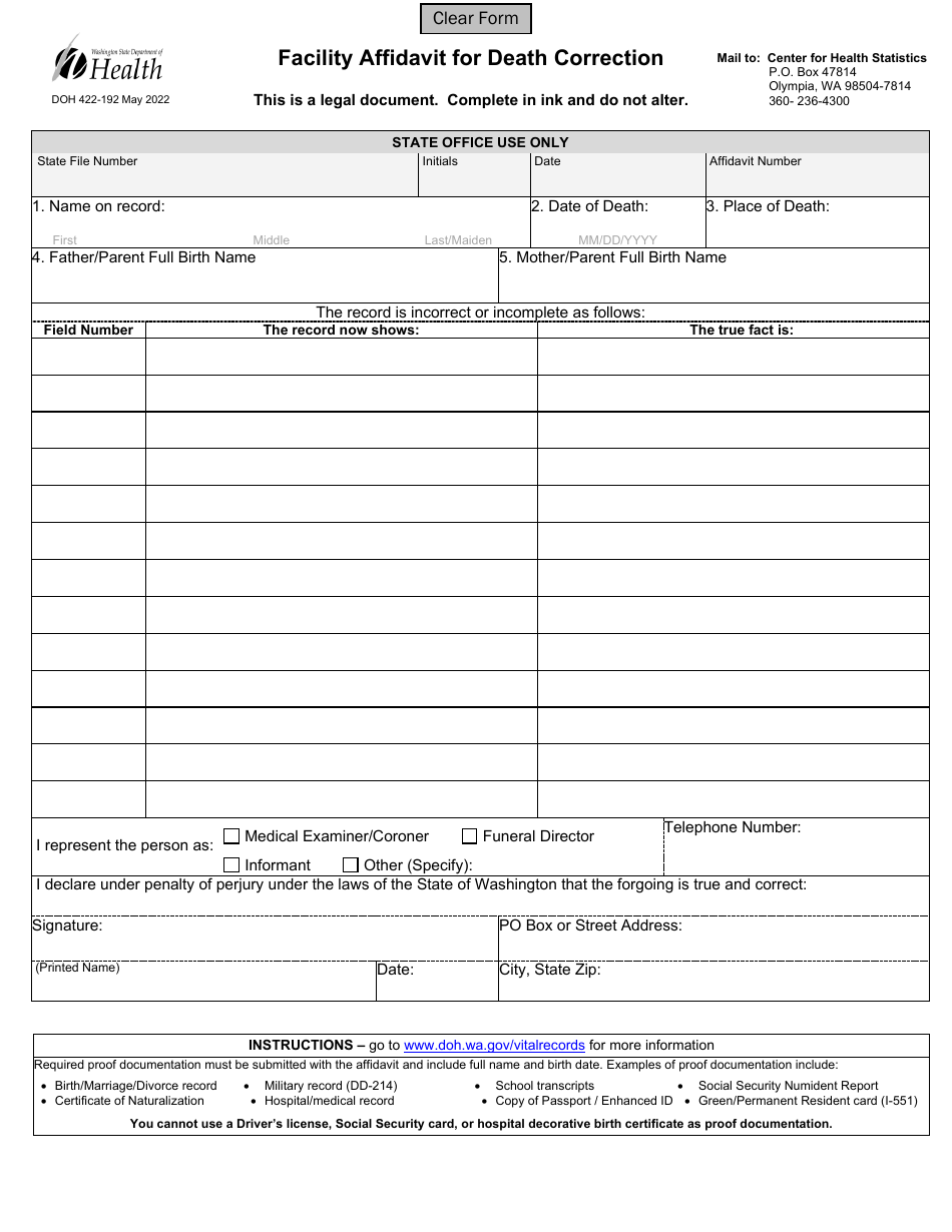 DOH Form 422-192 Facility Affidavit for Death Correction - Washington, Page 1