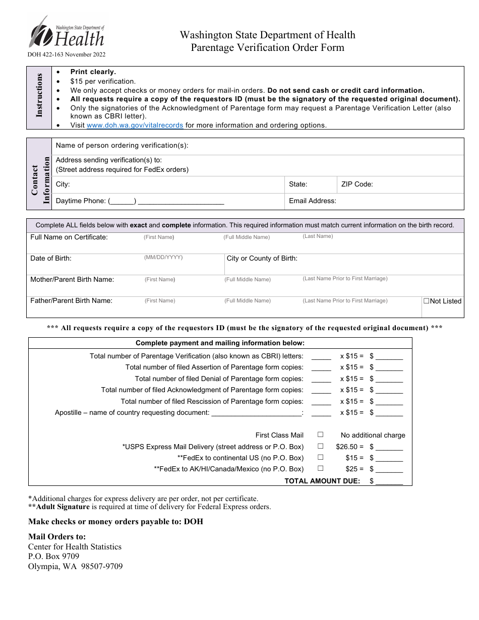DOH Form 422-163 Parentage Verification Order Form - Washington, Page 1