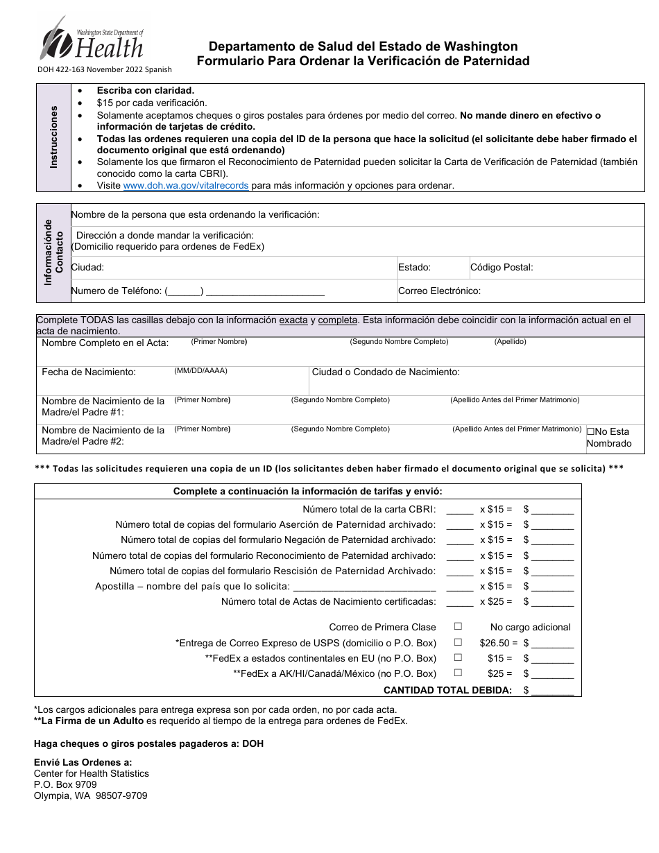 DOH Formulario 422-163 Formulario Para Ordenar La Verificacion De Paternidad - Washington (Spanish), Page 1