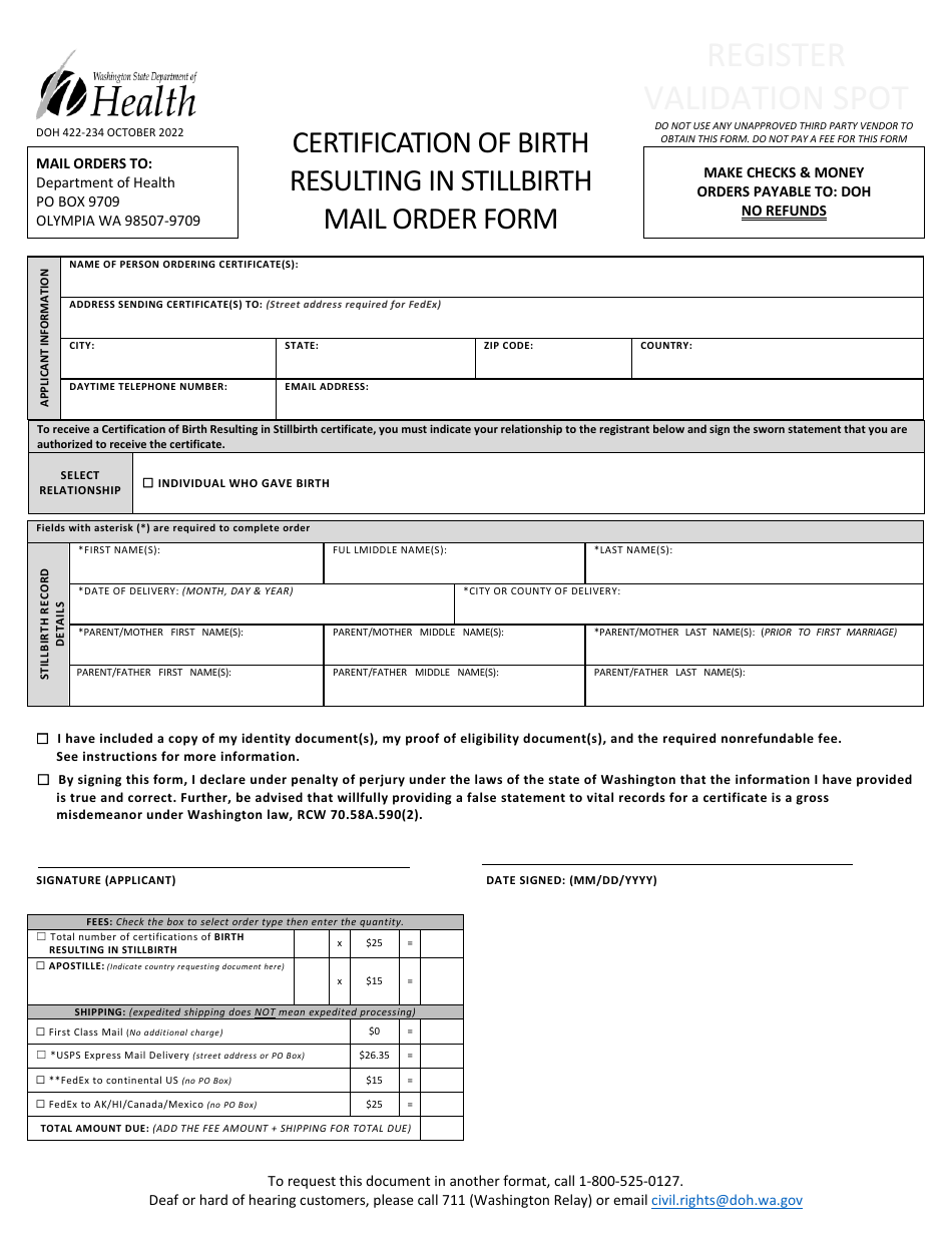 DOH Form 422-234 Certification of Birth Resulting in Stillbirth Mail Order Form - Washington, Page 3