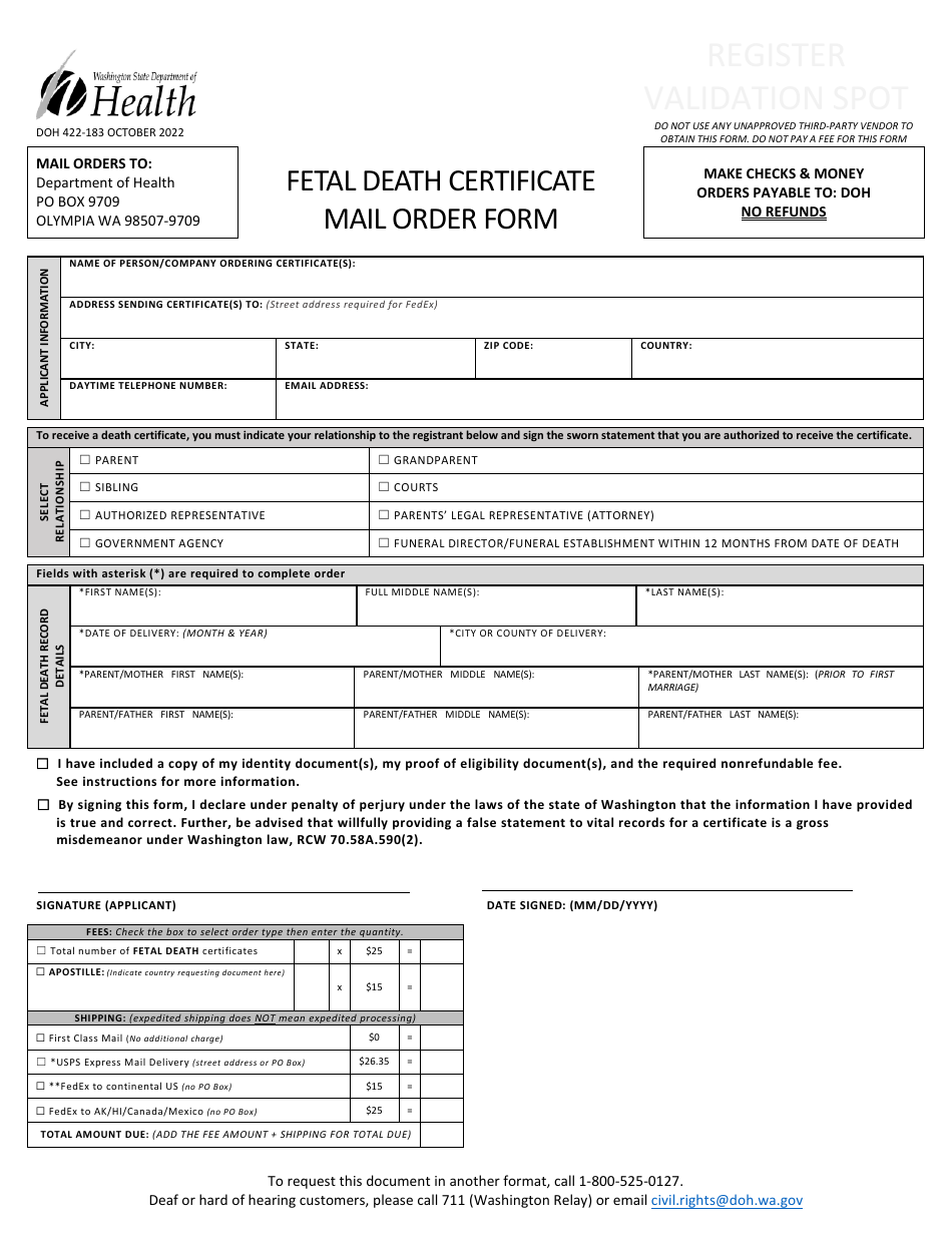 DOH Form 422-183 Fetal Death Certificate Mail Order Form - Washington, Page 3