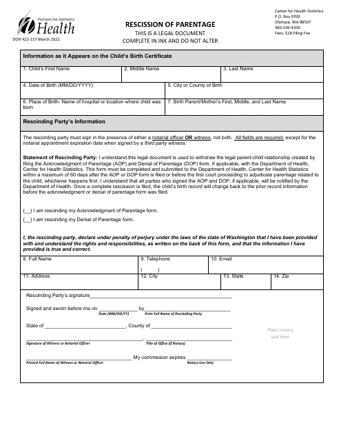 DOH Form 422-157 Rescission of Parentage - Washington