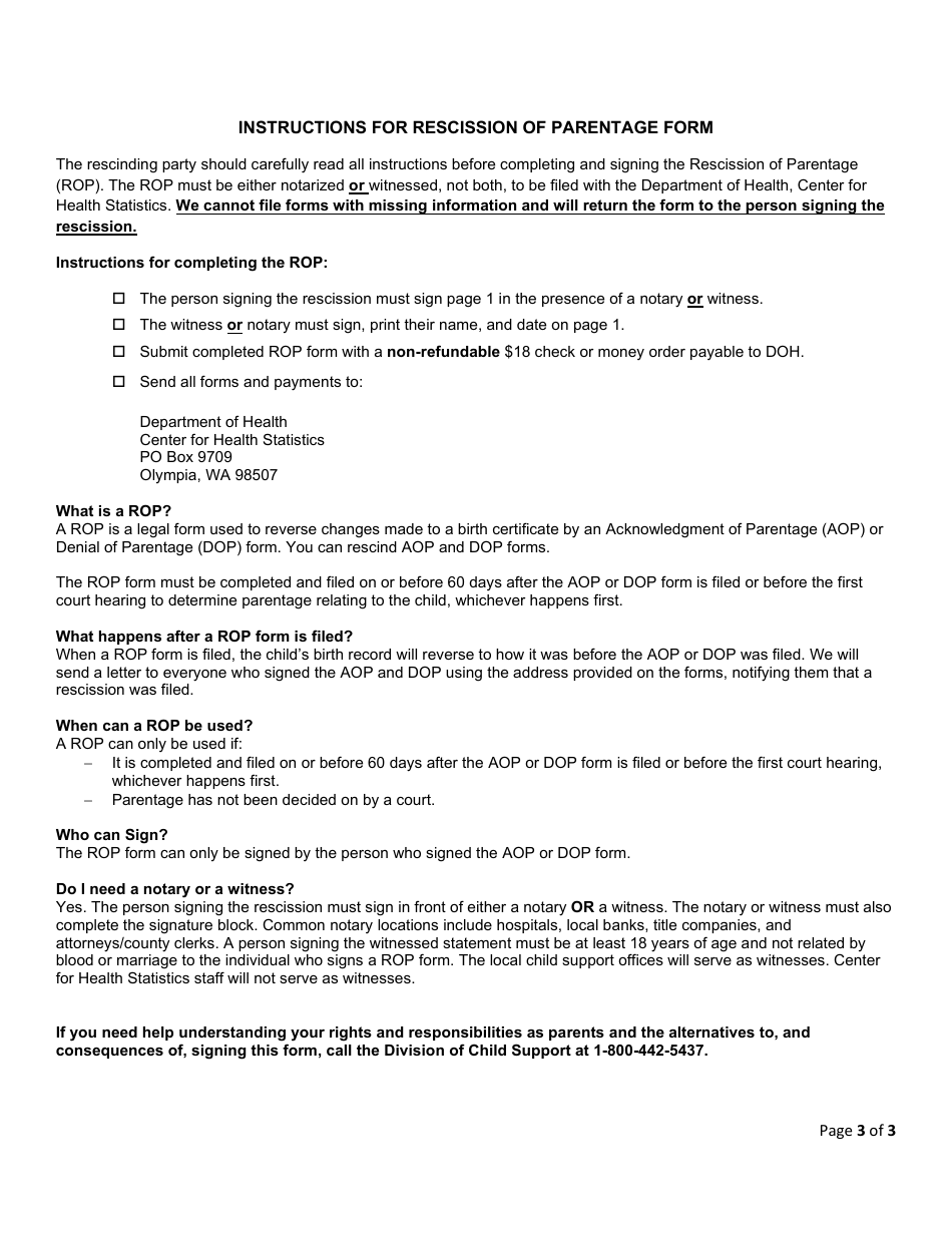 DOH Form 422-157 Rescission of Parentage - Washington, Page 3