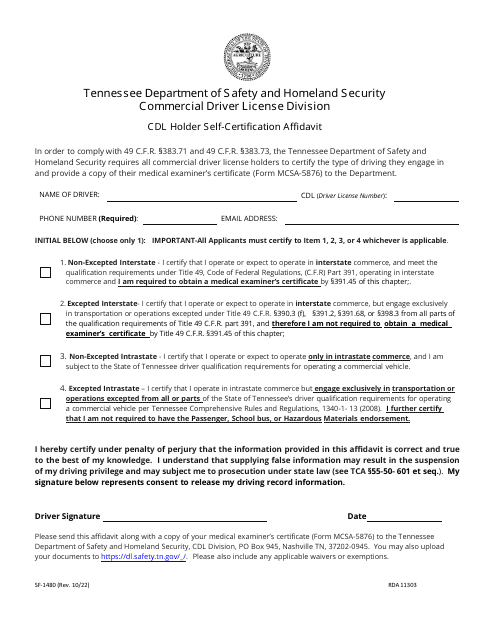 Form SF-1480 Cdl Holder Self-certification Affidavit - Tennessee