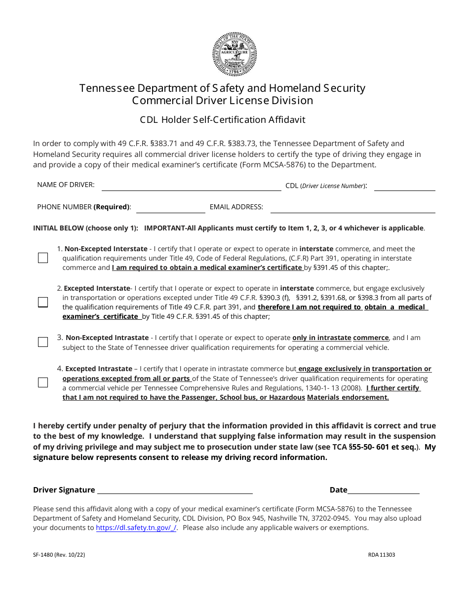 Form SF-1480 Cdl Holder Self-certification Affidavit - Tennessee, Page 1