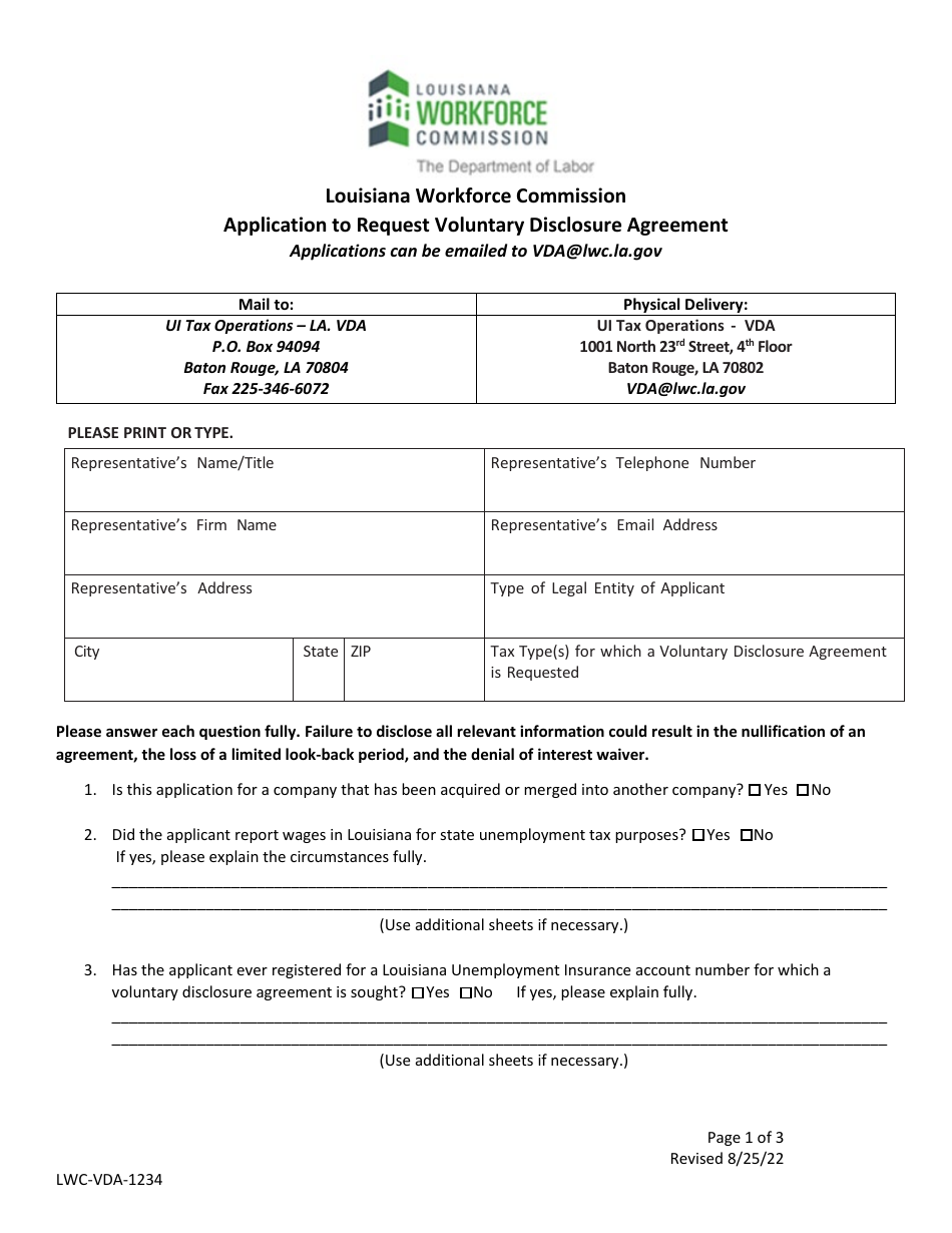Form LWC-VDA-1234 Application to Request Voluntary Disclosure Agreement - Louisiana, Page 1