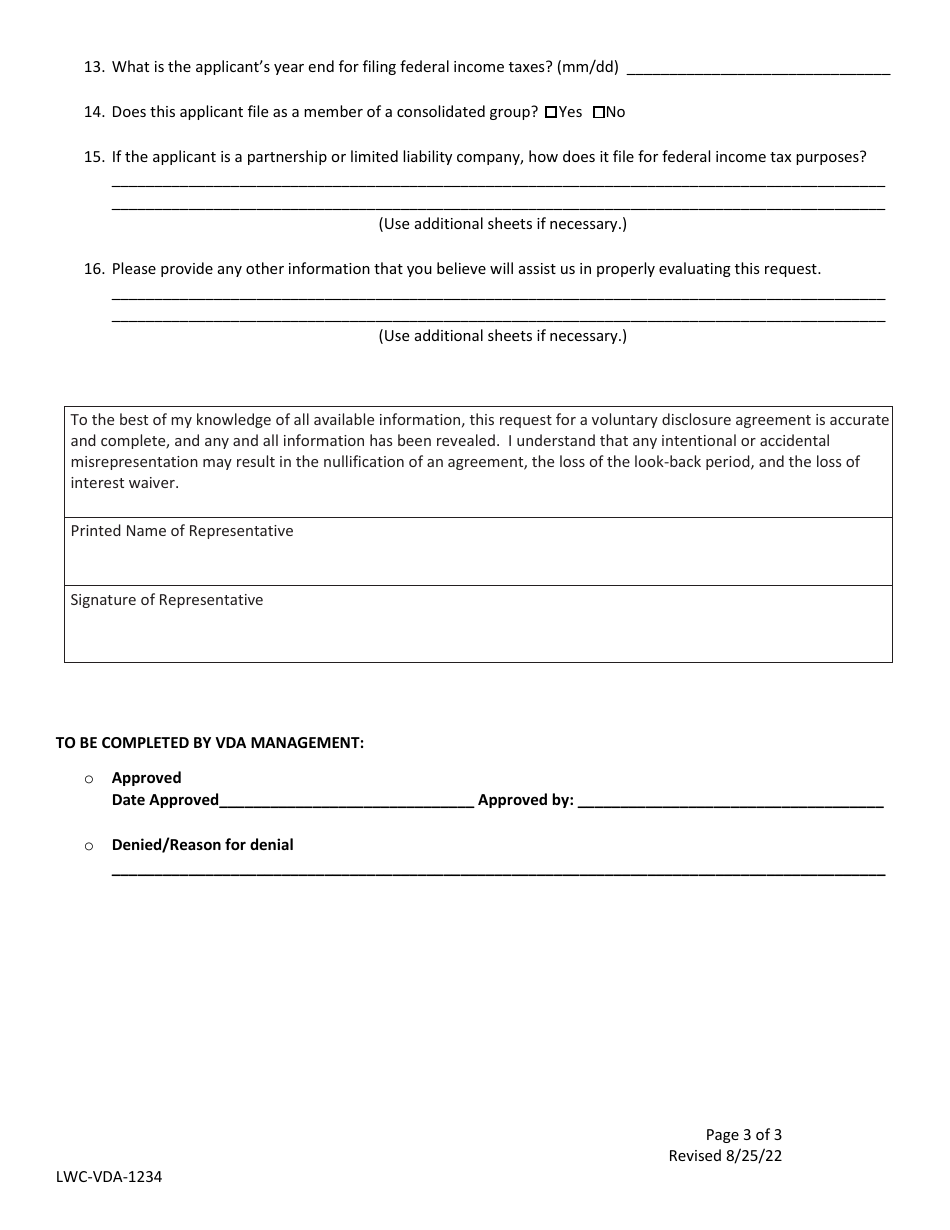 Form LWC-VDA-1234 Application to Request Voluntary Disclosure Agreement - Louisiana, Page 3