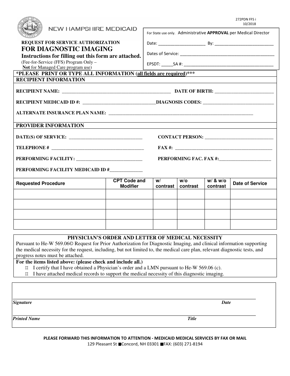 Form 272PDN FFS I Request for Service Authorization for Diagnostic Imaging - New Hampshire, Page 1