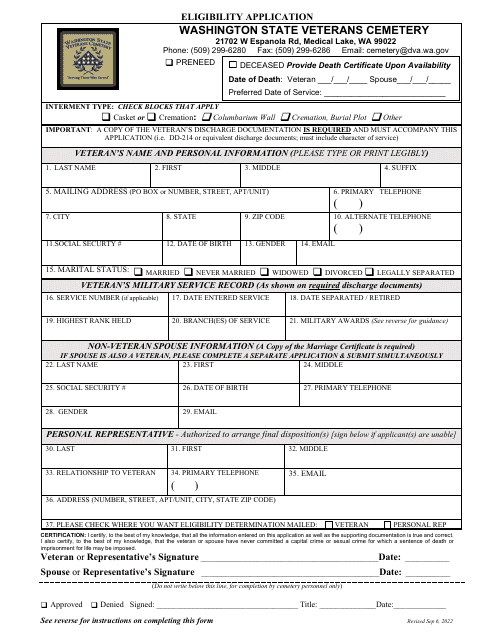 Eligibility Application - Washington State Veterans Cemetery - Washington Download Pdf