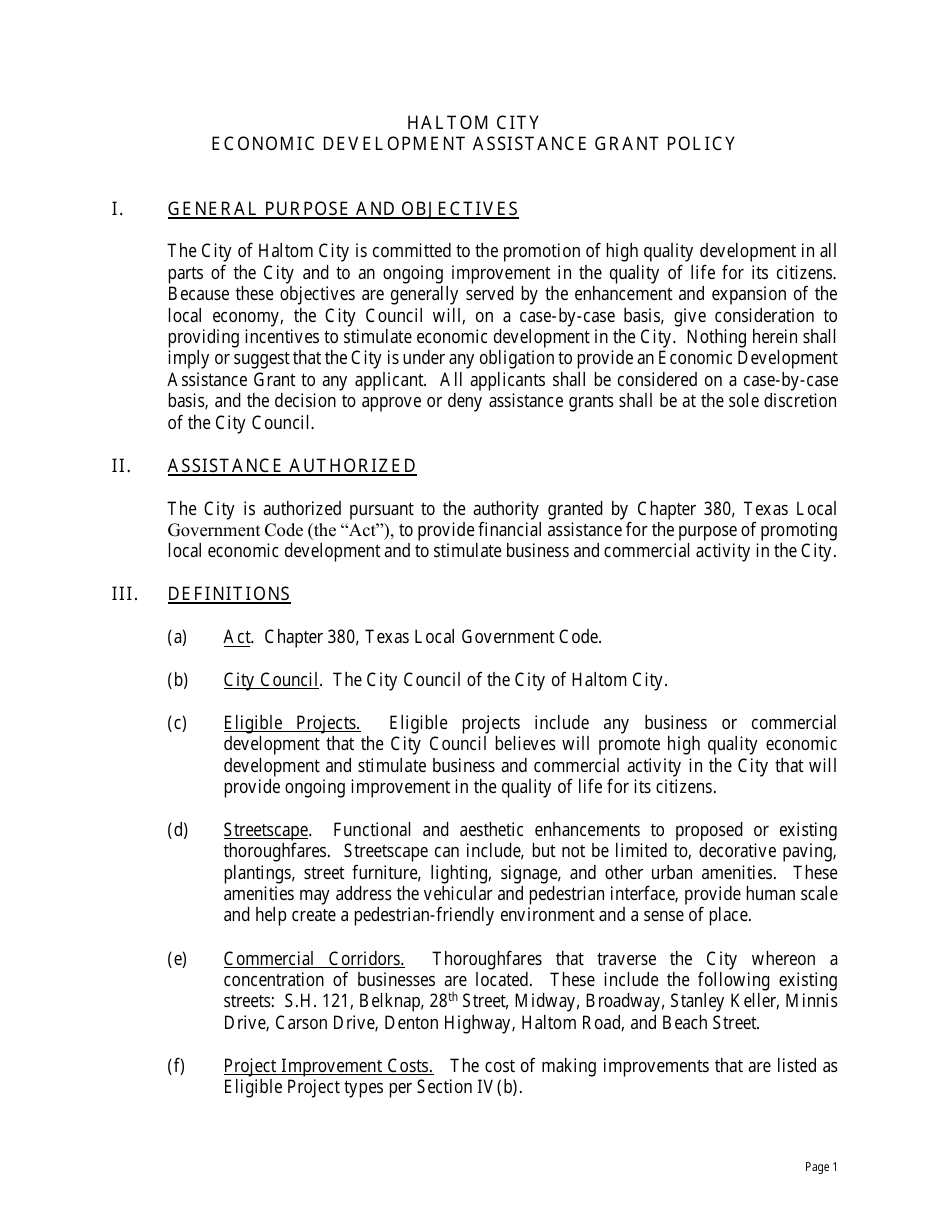 Haltom City, Texas Economic Development Assistance Grant Application