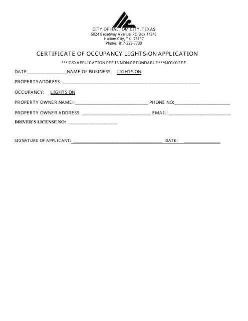 Certificate of Occupancy Lights-On Application - Haltom City, Texas