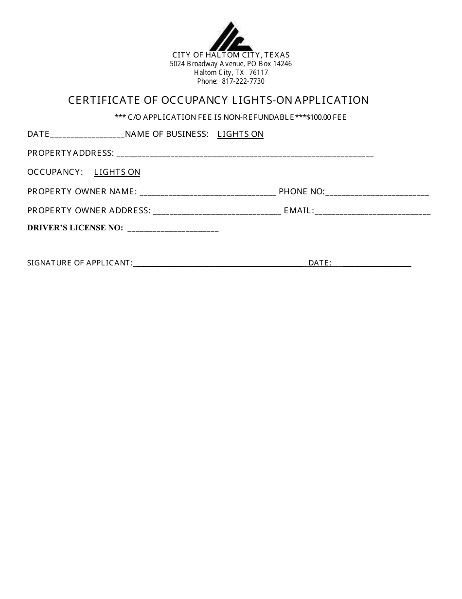 Certificate of Occupancy Lights-On Application - Haltom City, Texas, Page 1