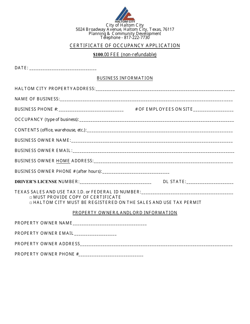 Haltom City Texas Certificate of Occupancy Application Fill Out