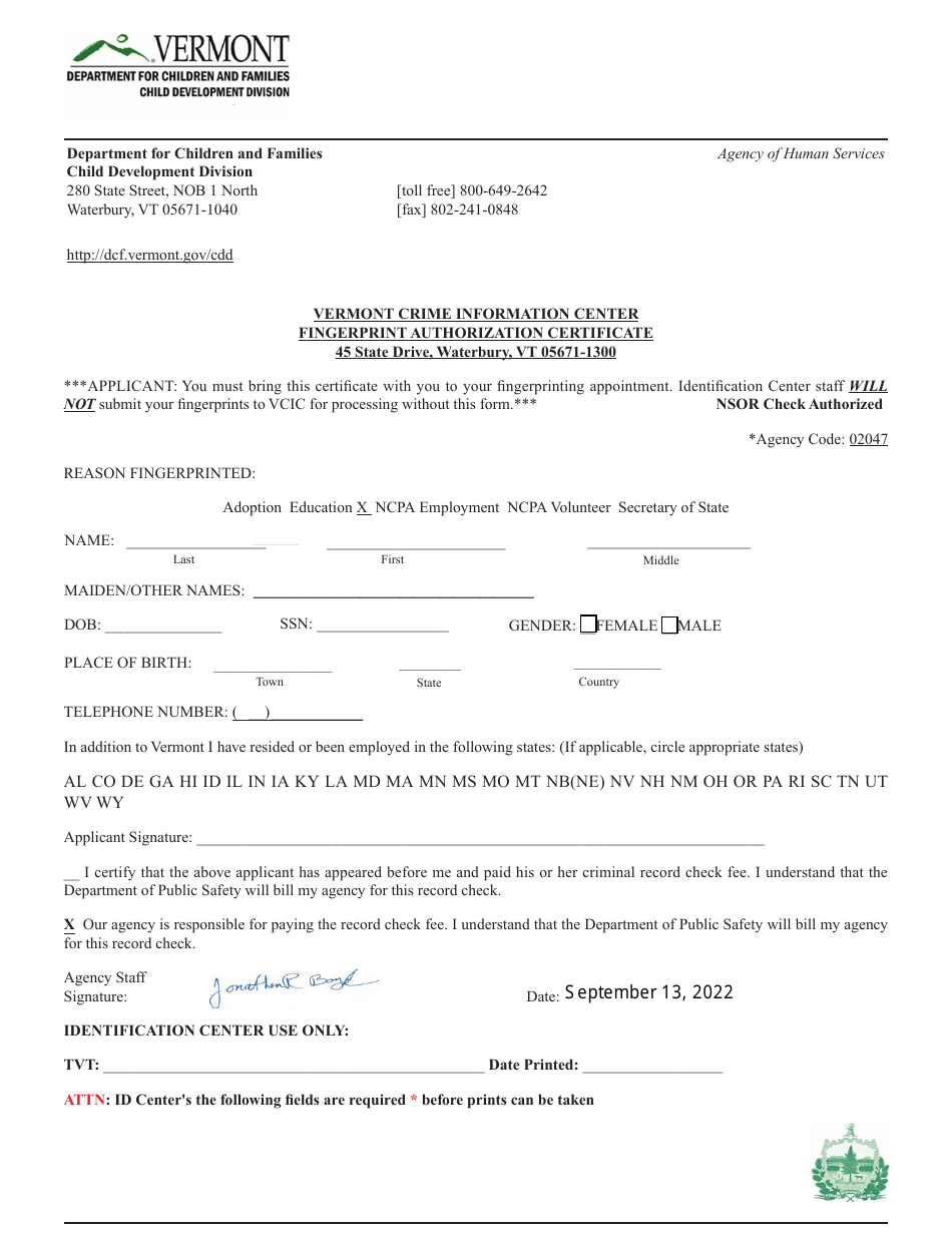 Vermont Crime Information Center Fingerprint Authorization Certificate - Vermont, Page 1