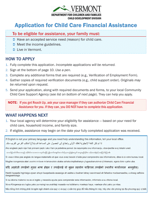 Application for Child Care Financial Assistance - Vermont Download Pdf