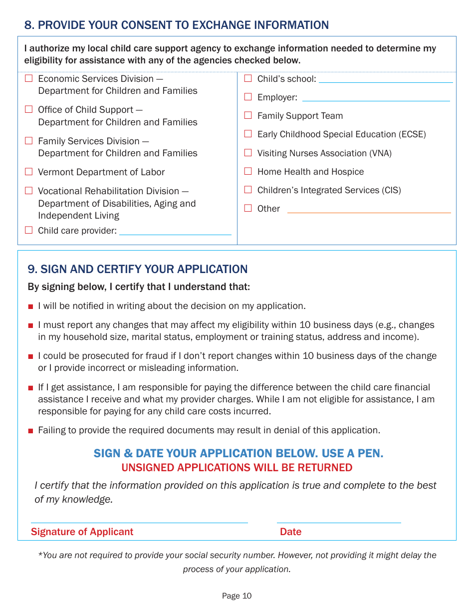 Application for Child Care Financial Assistance - Vermont, Page 10