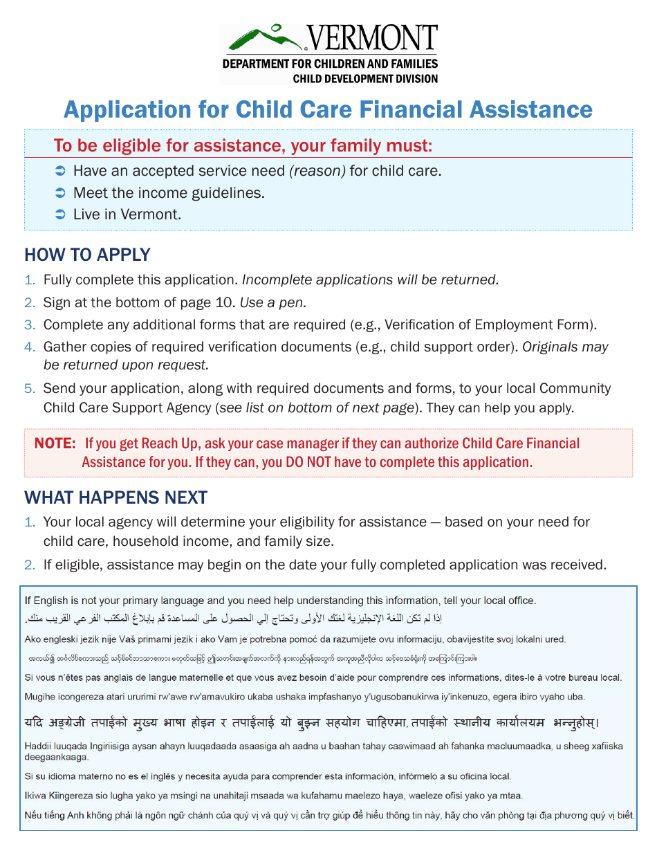 Application for Child Care Financial Assistance - Vermont, Page 1