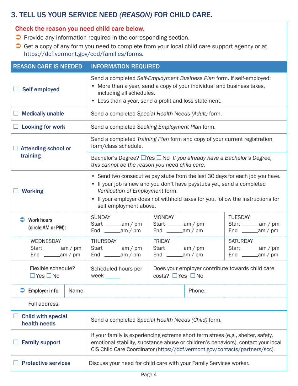 Application for Child Care Financial Assistance - Vermont, Page 4