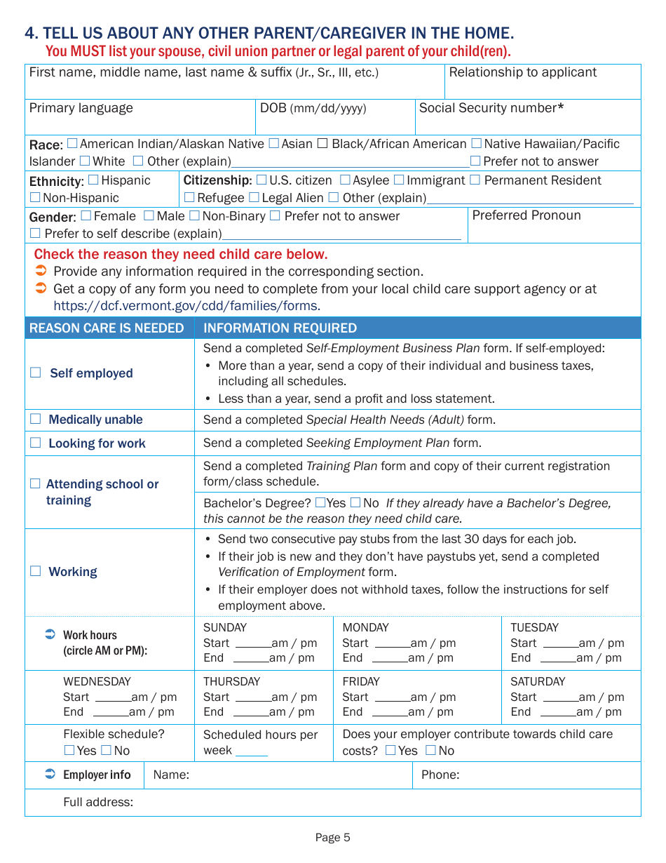 Application for Child Care Financial Assistance - Vermont, Page 5