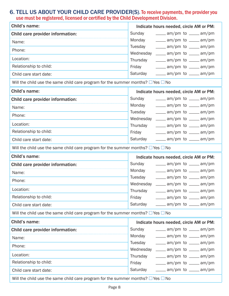 Application for Child Care Financial Assistance - Vermont, Page 8