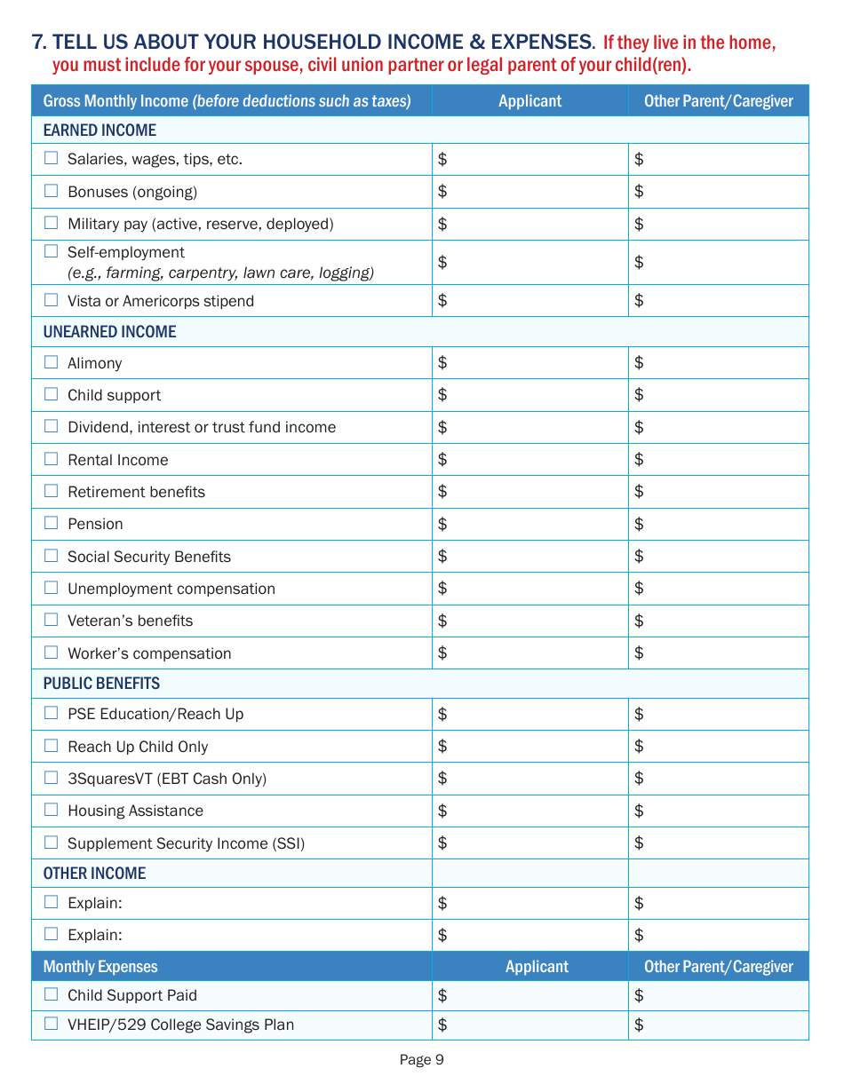 Application for Child Care Financial Assistance - Vermont, Page 9
