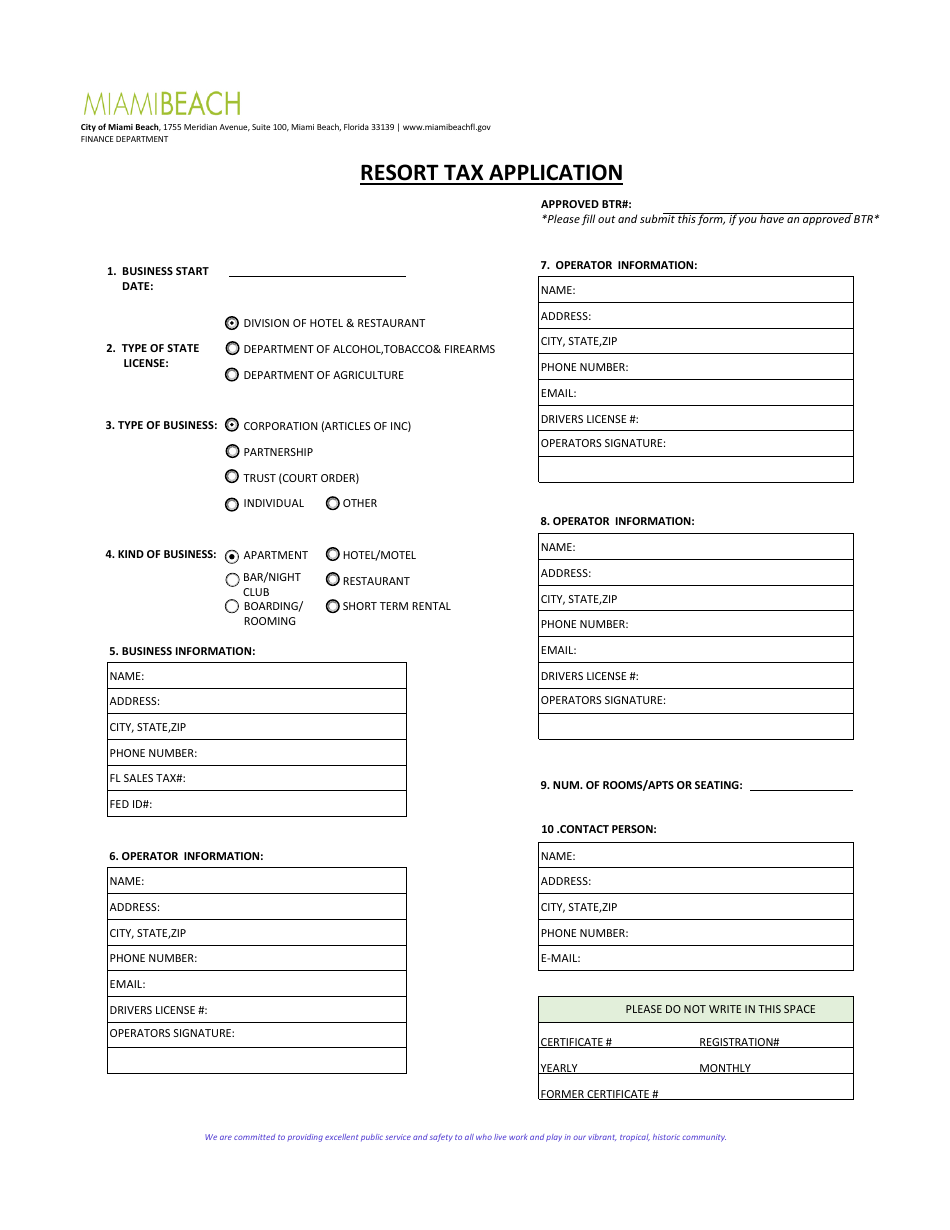 Resort Tax Application - City of Miami Beach, Florida, Page 1