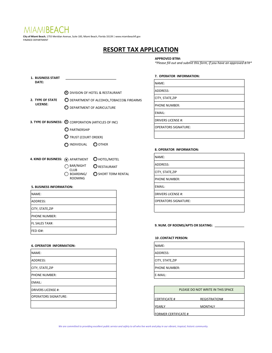 Resort Application Example City of Miami Beach, Florida Resort Tax Application - Fill Out, Sign ...