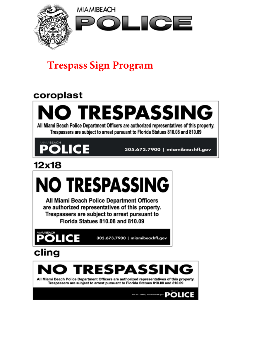 Trespass After Warning Authorization - City of Miami Beach, Florida, Page 1