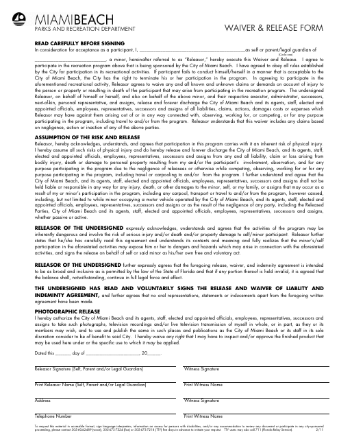 Waiver & Release Form - City of Miami Beach, Florida Download Pdf