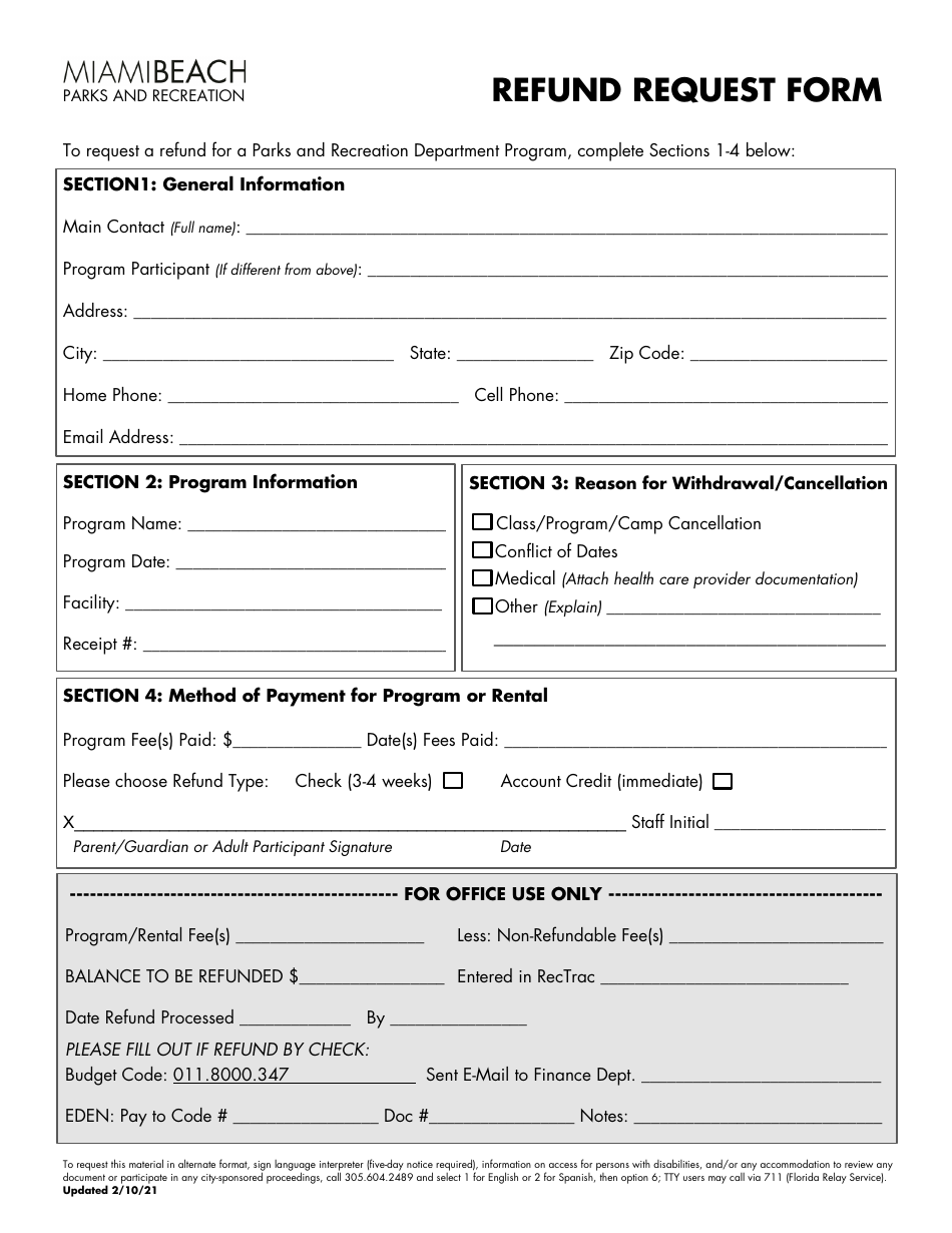 City of Miami Beach, Florida Refund Request Form Fill Out, Sign