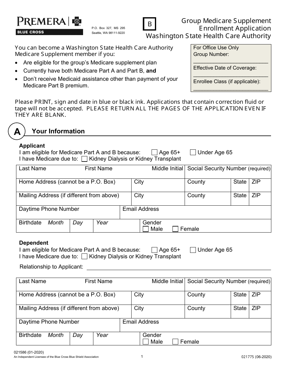 Form 021775 Group Medicare Supplement Enrollment Application - Premera Blue Cross - Washington, Page 1