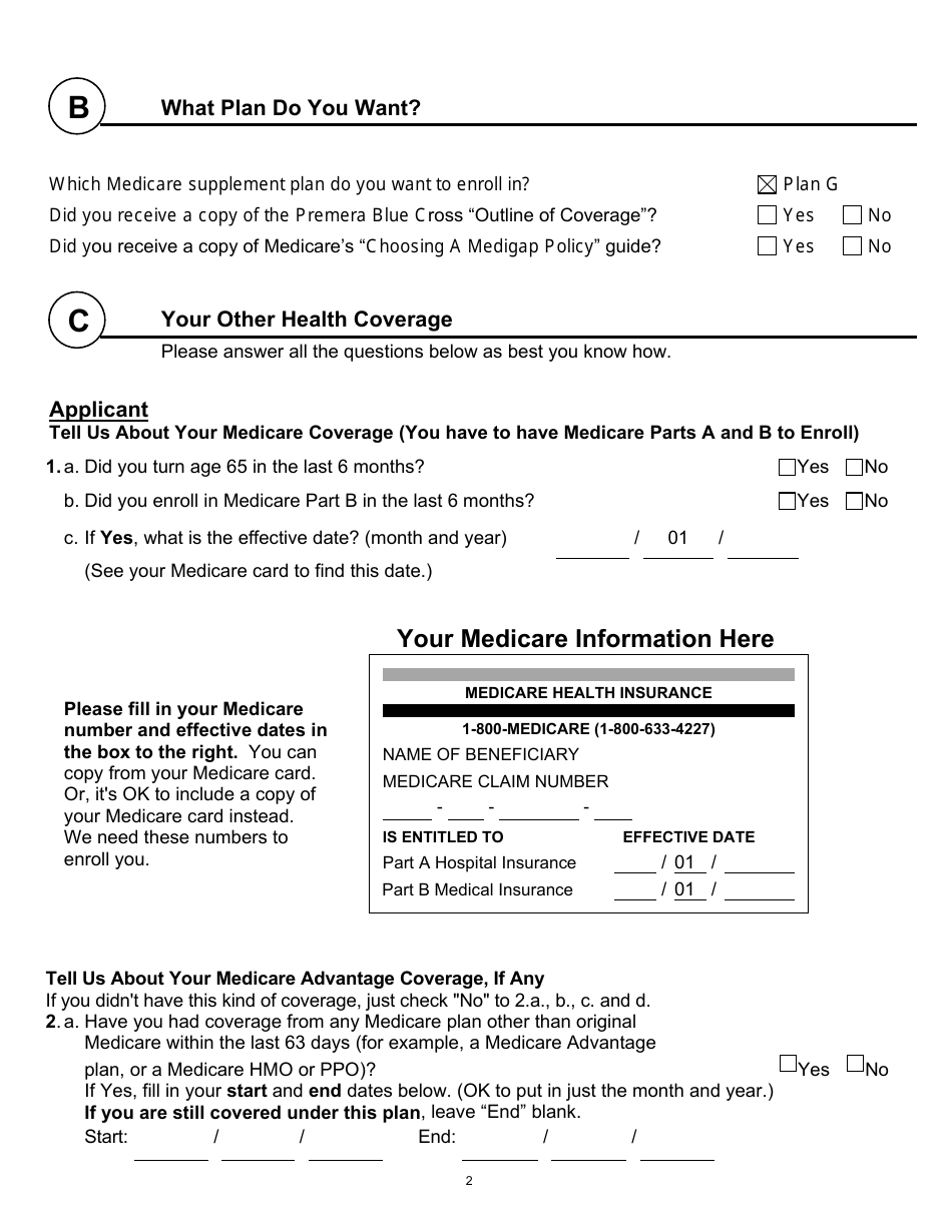 Form 021775 Group Medicare Supplement Enrollment Application - Premera Blue Cross - Washington, Page 2