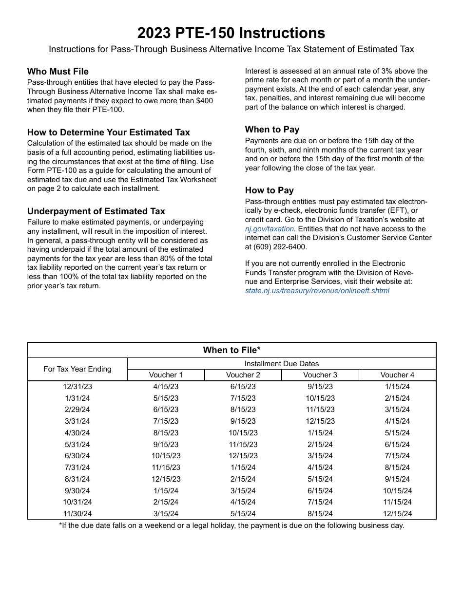 Form PTE-150 Instructions for Pass-Through Business Alternative Income Tax Statement of Estimated Tax - New Jersey, Page 1