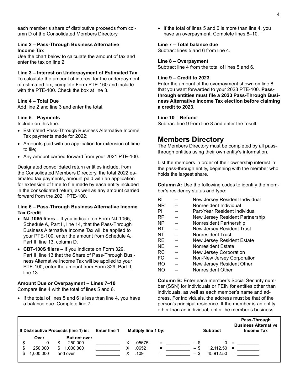 Download Instructions For Form Pte 100 Pass Through Business Alternative Income Tax Return Pdf 1027