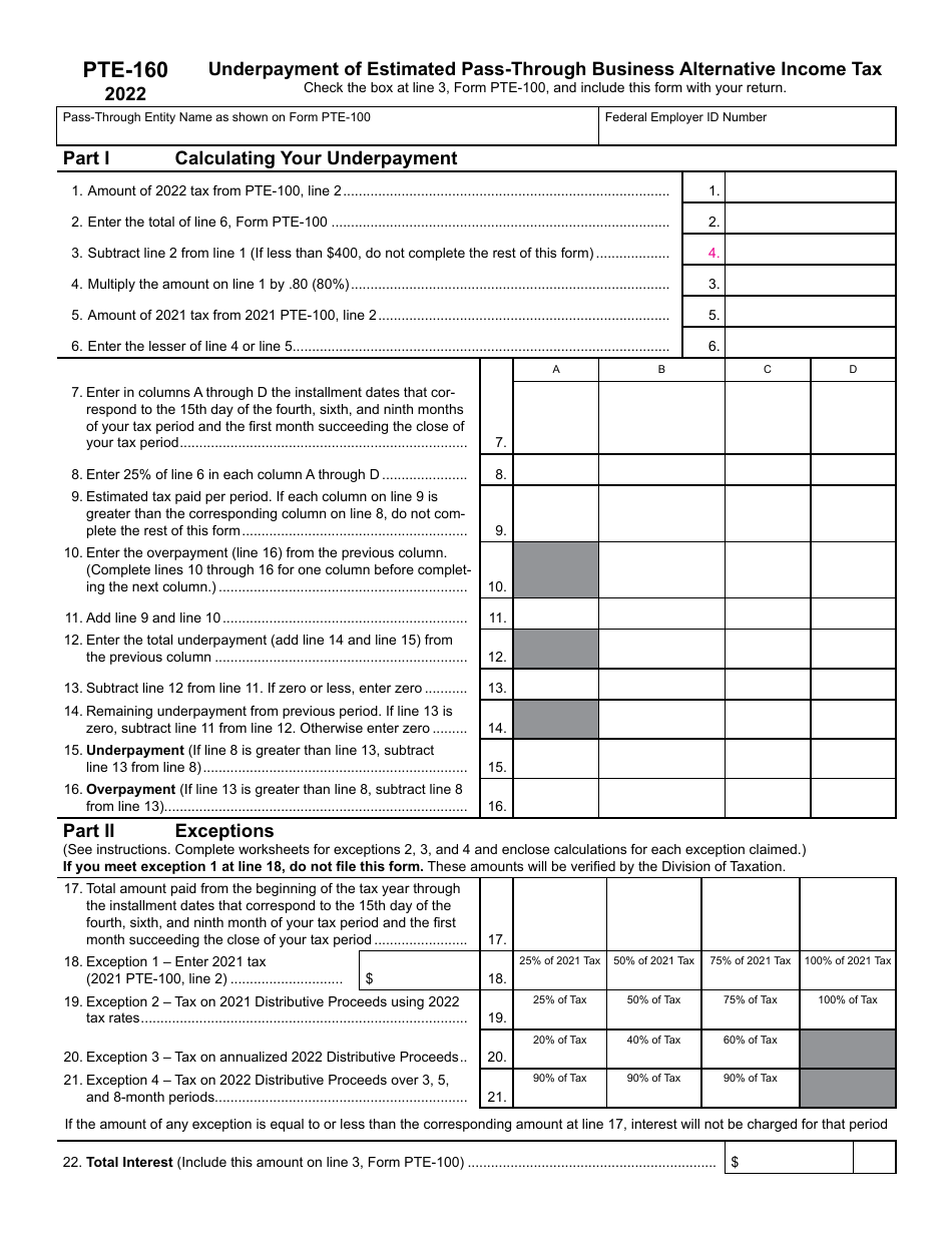 Form PTE-160 Underpayment of Estimated Pass-Through Business Alternative Income Tax - New Jersey, Page 1